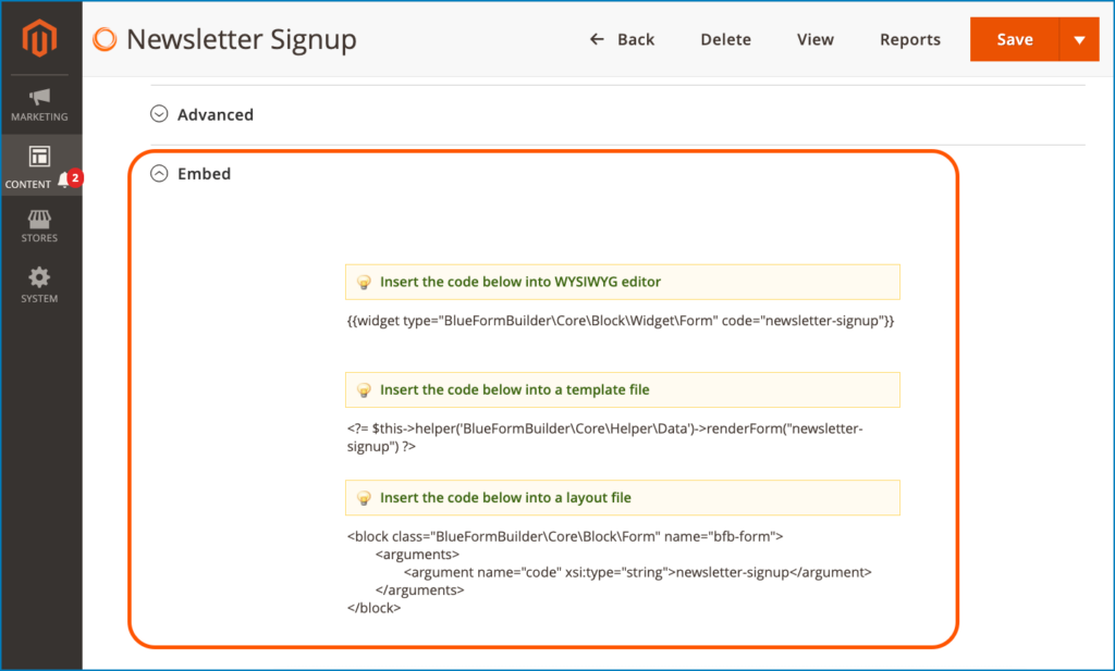 Form embed code