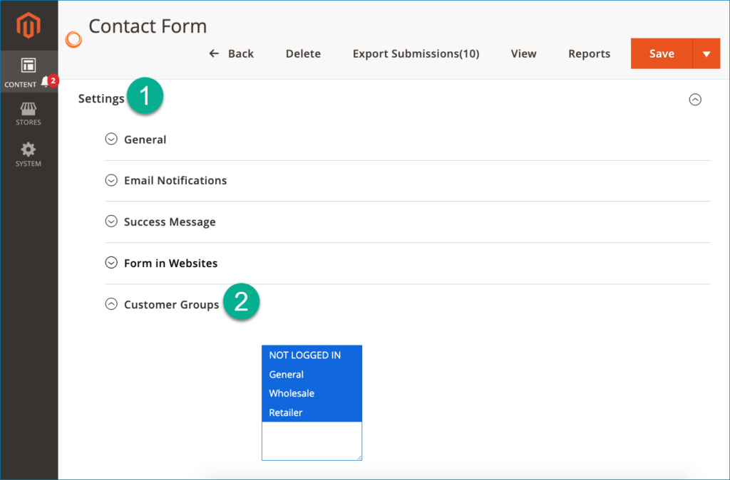 Choose customer groups to see a form