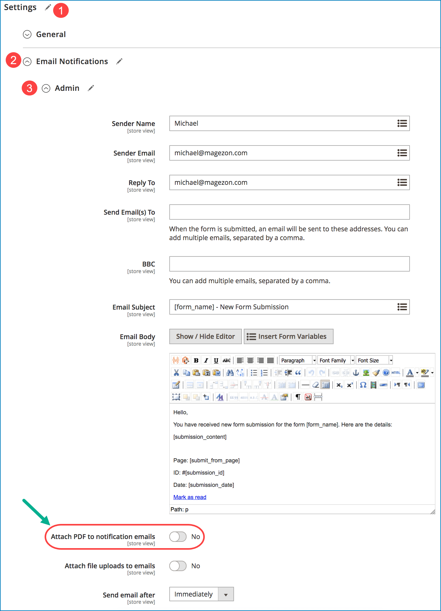 Include PDF attachment in form email notifications _ Admin