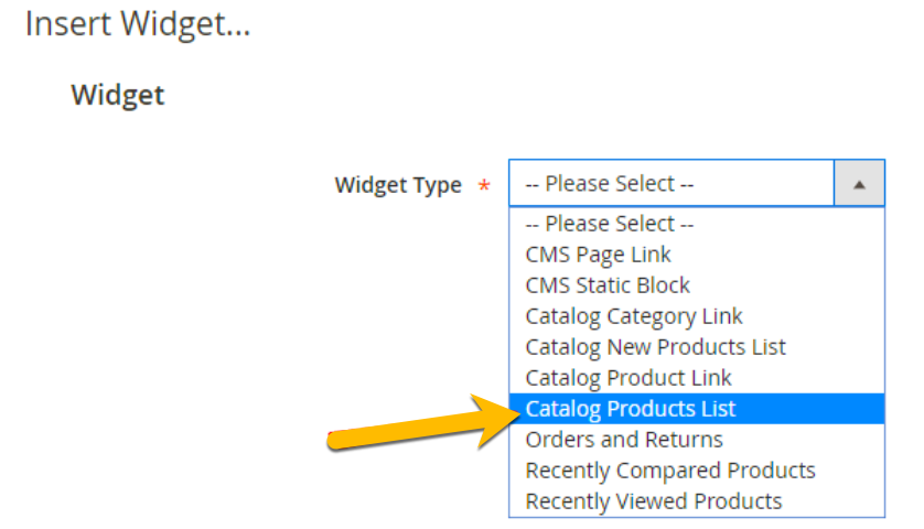 Add products to homepage Magento 2 - Choose Cataglog Products List