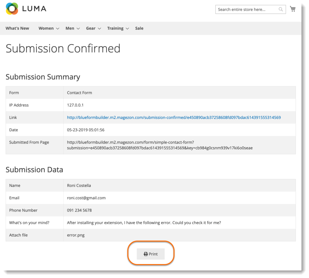 Print a submission to PDF on frontend