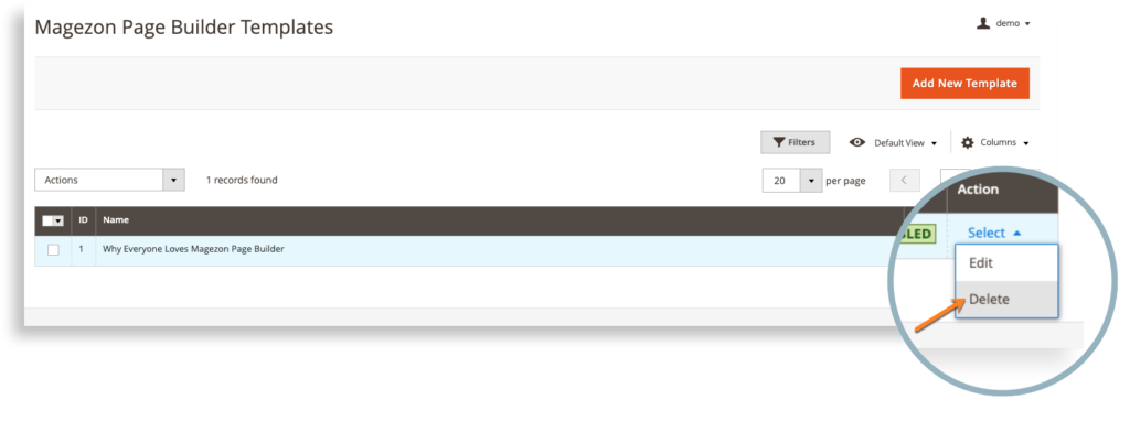 Magezon Page Builder - Delete a template