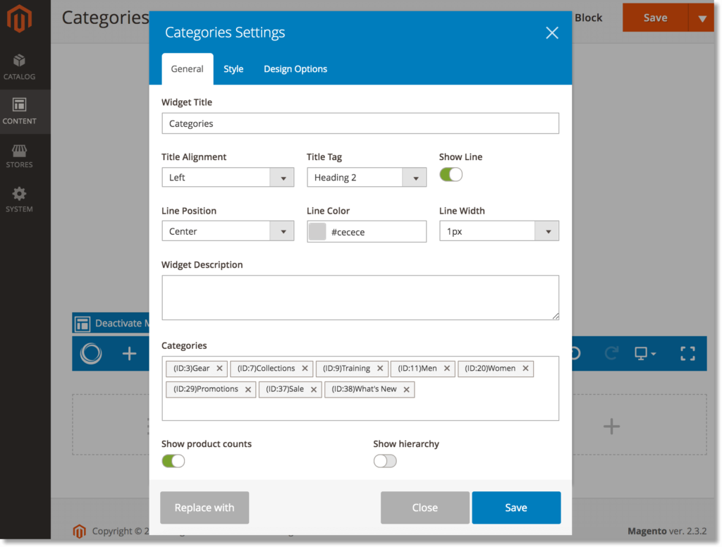 General tab in Categories element settings