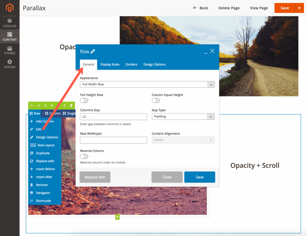 Open row settings