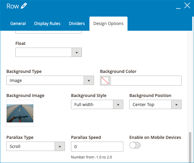 Add the image background parallax effect in the “design options” tab for this row, customize it by choosing scroll parallax type and 0 parallax speed.   
﻿