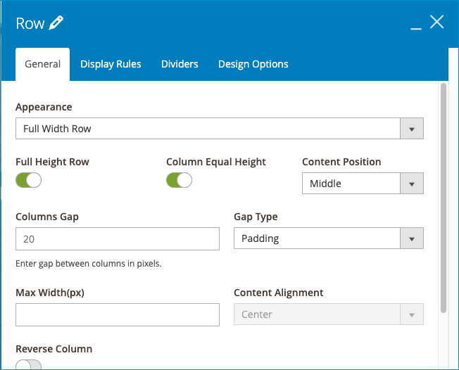 Turn on the toggles “full-height row”,  “column equal height” and select middle “content position”.
