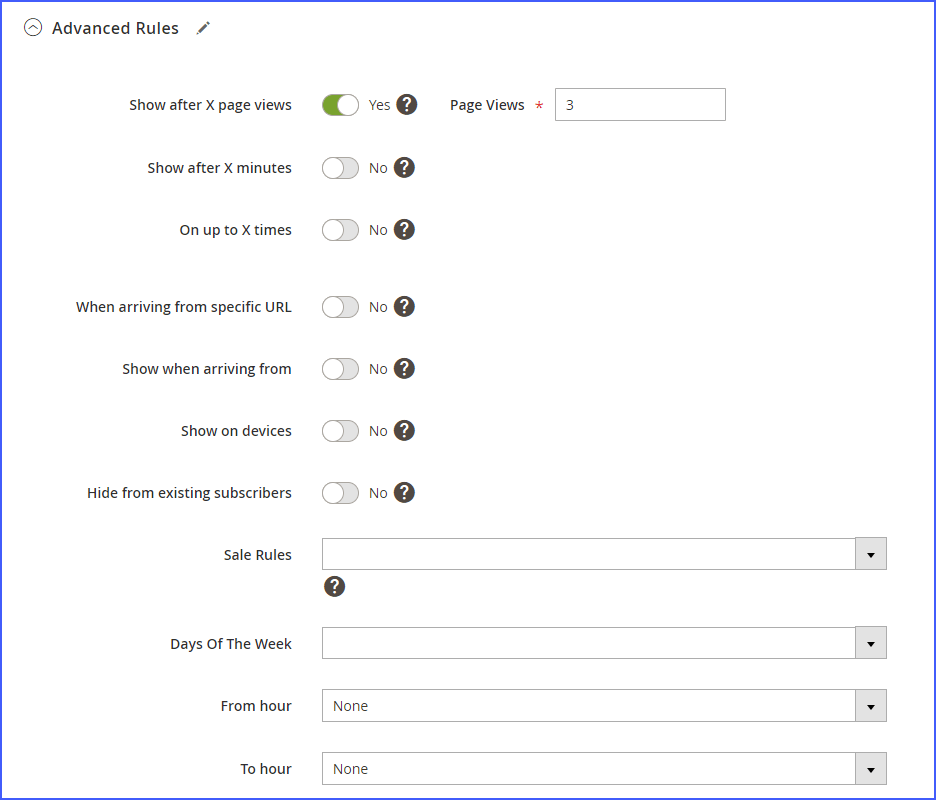 set advanced rules for the popup