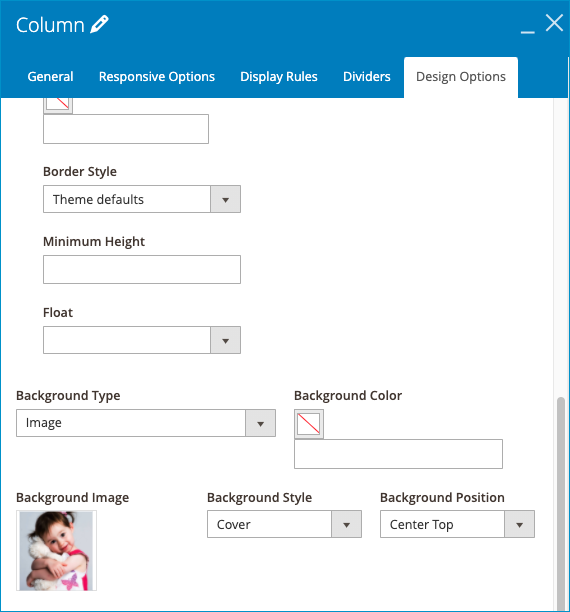 The Design Options setting of Column in the kids clothing landing page
