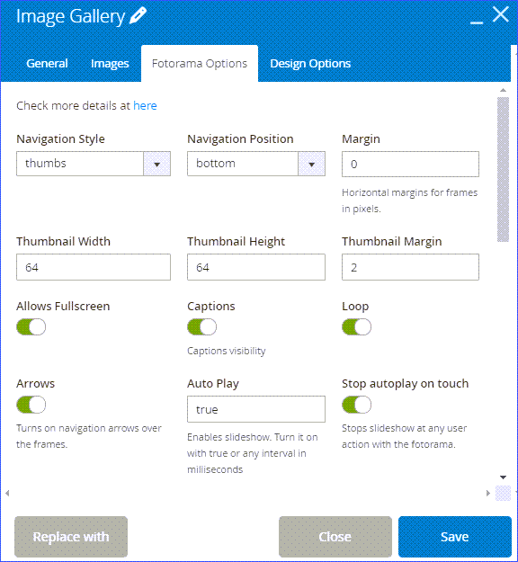 The setting of Fotorama Options tab