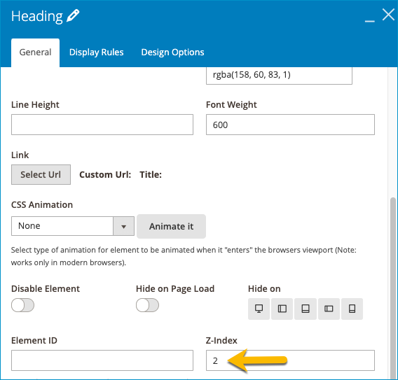 Z-Index in General setting of Heading for Banner