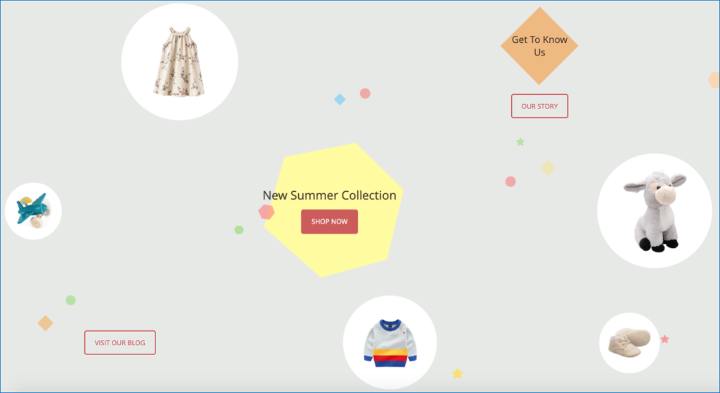 Product category in a creative way in the kids clothing landing page