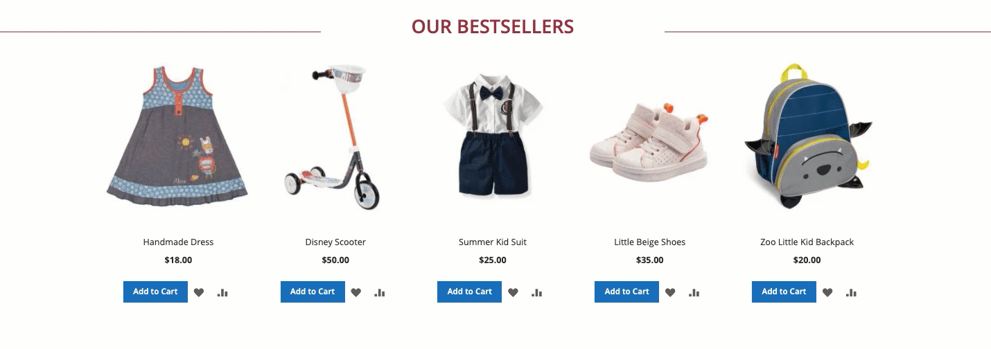 Product Slider in the kids clothing landing page