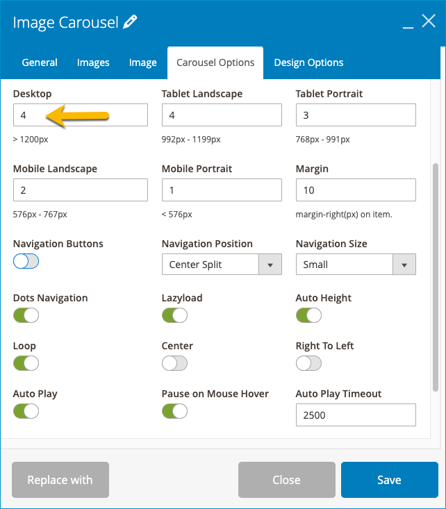 The setting of Carousel Options in Image Carousel