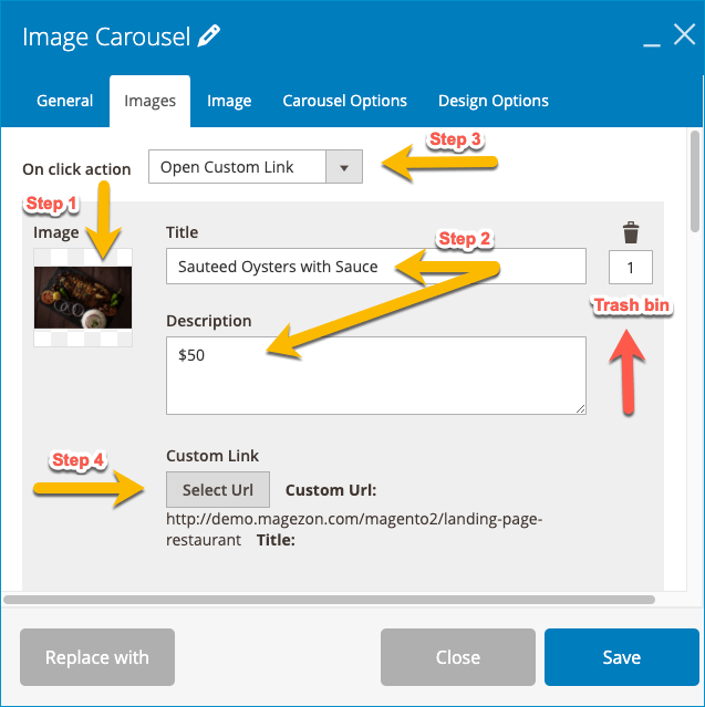 Images setting in Image Carousel of Magezon Page Builder