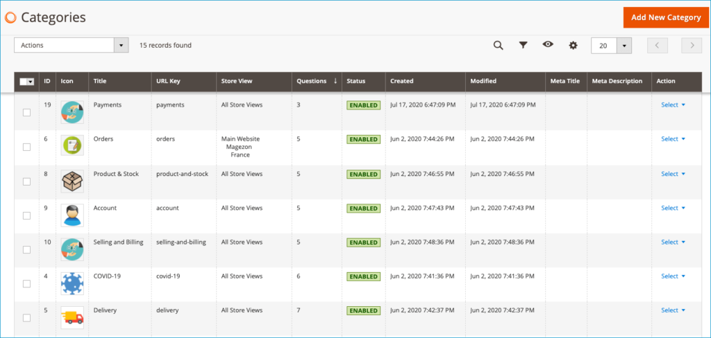 the categories grid - magento 2 faq module