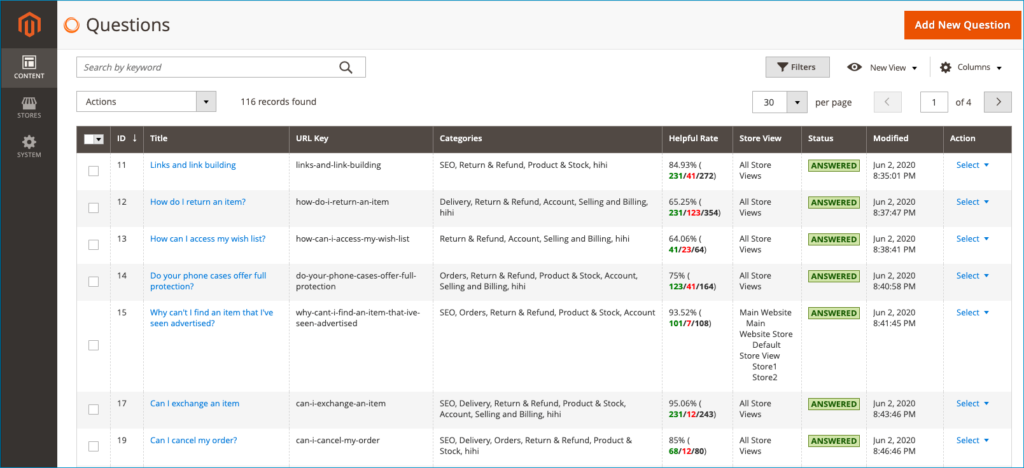 the questions grid - magento 2 faq module