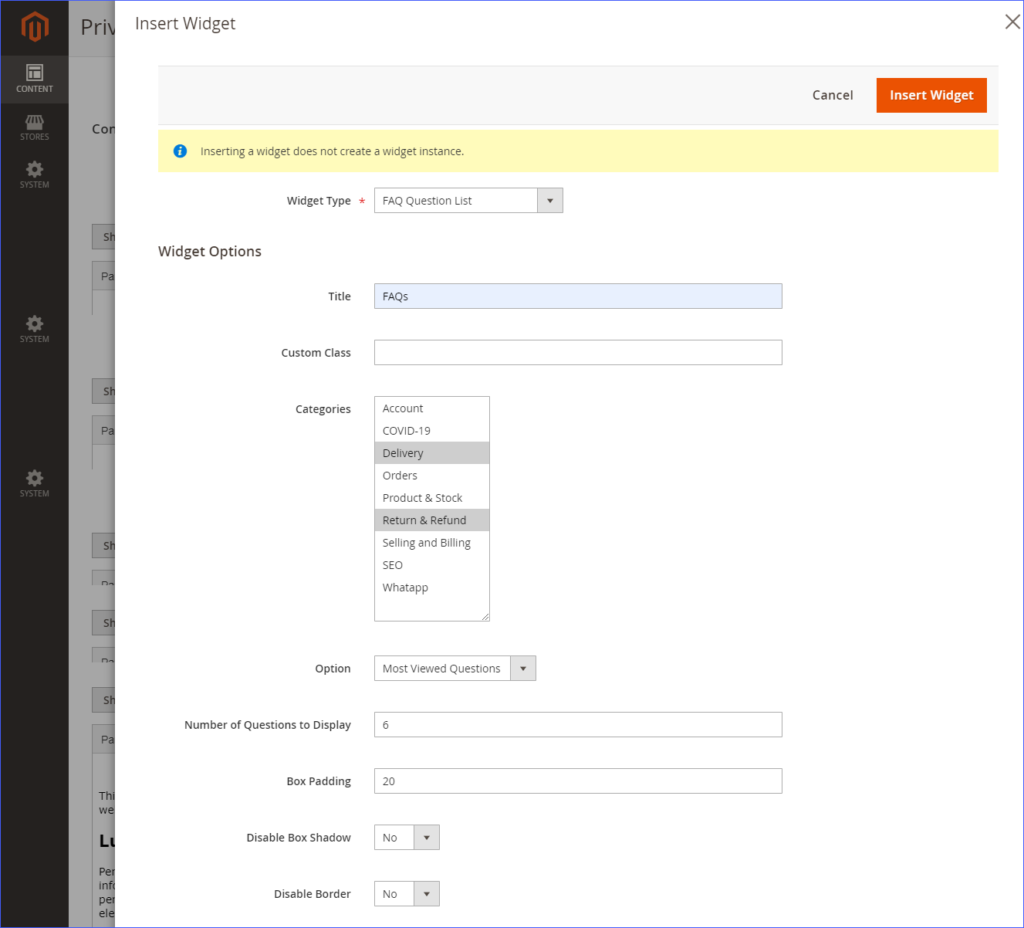 Set the widget options - magento 2 faq module