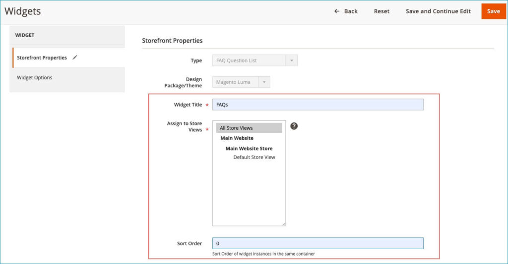 Enter the widget's title, sort order, and choose specific store views - magento 2 faq extension