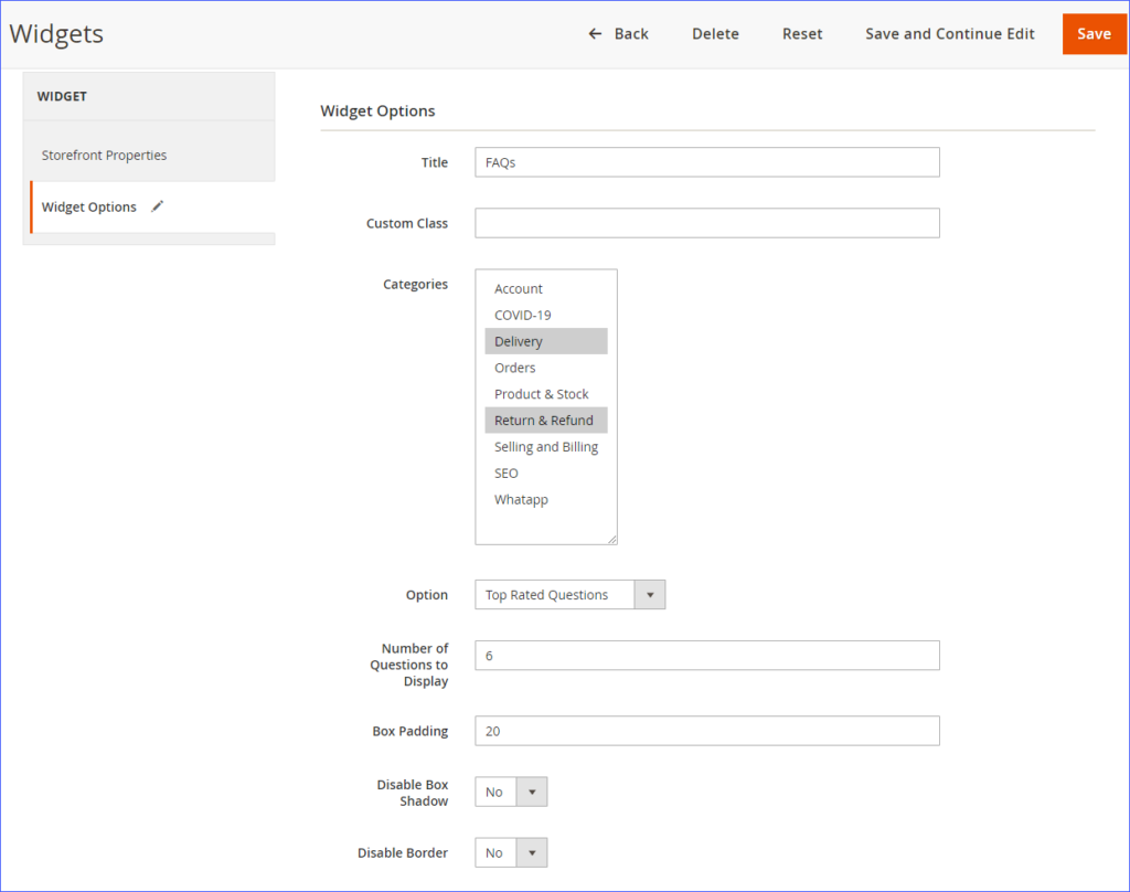set the widget options - magento 2 faq module