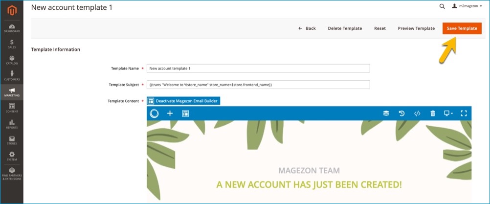 save template in Magento 2 email editor