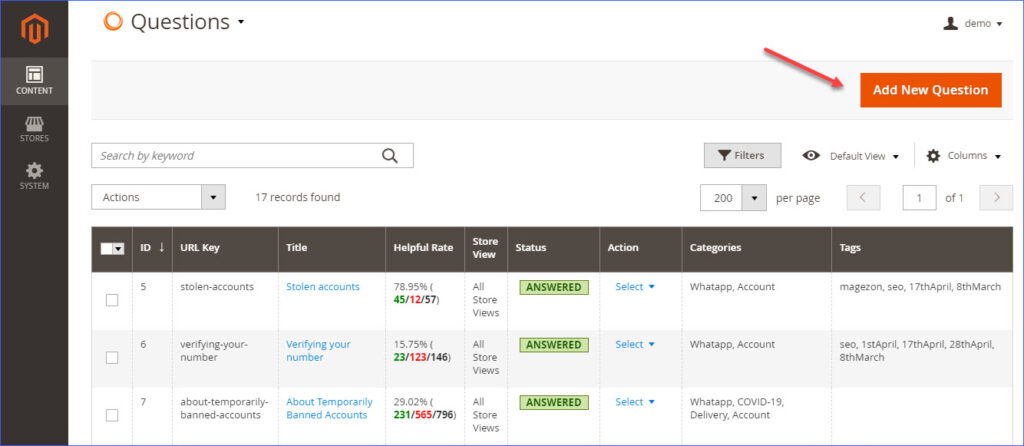 the questions grid - magento 2 faq module