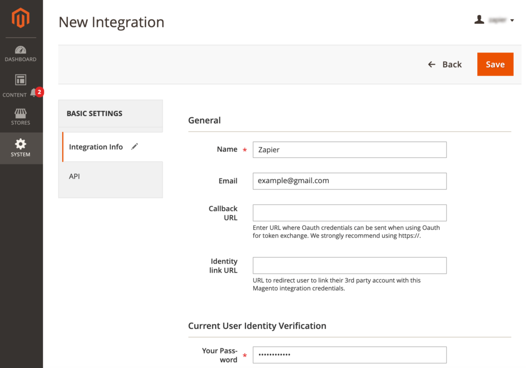 Integration Info tab