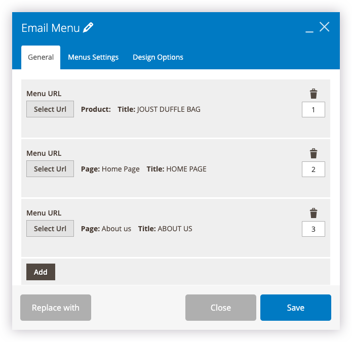 Email Menu general settings