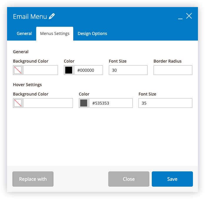 Email Menu menus settings