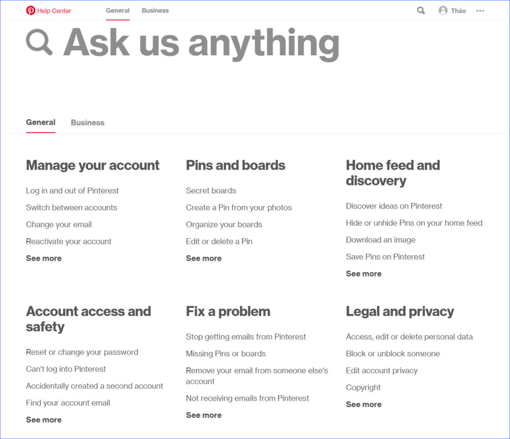 pinterest's faq page