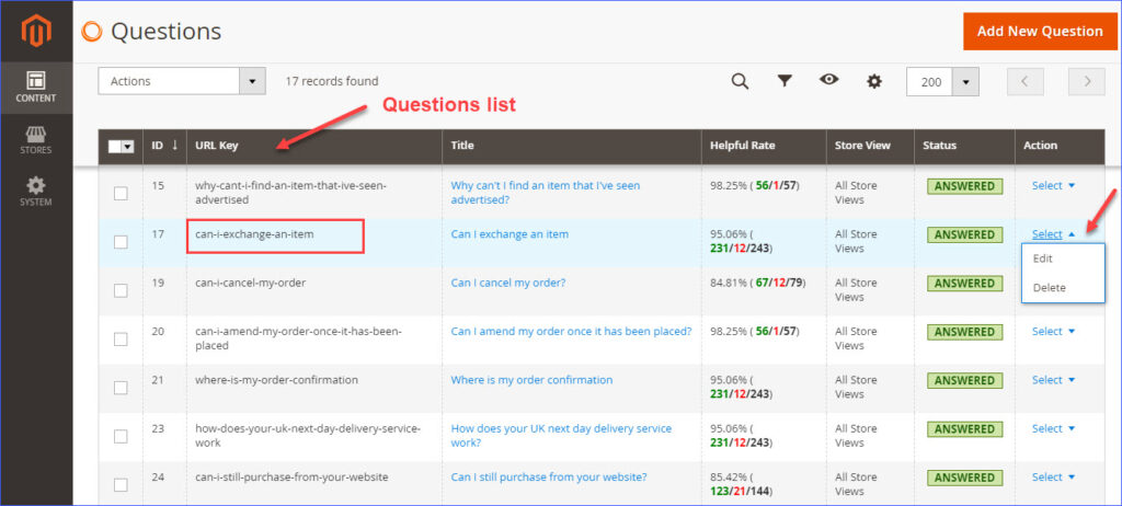 select questions in the questions grid