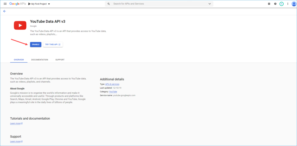 enable Youtube Data API v3