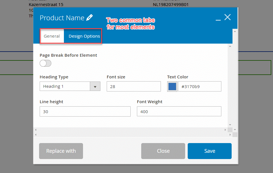 Two common tabs- General and Design Options tabs  in Magento 2 product page pdf builder