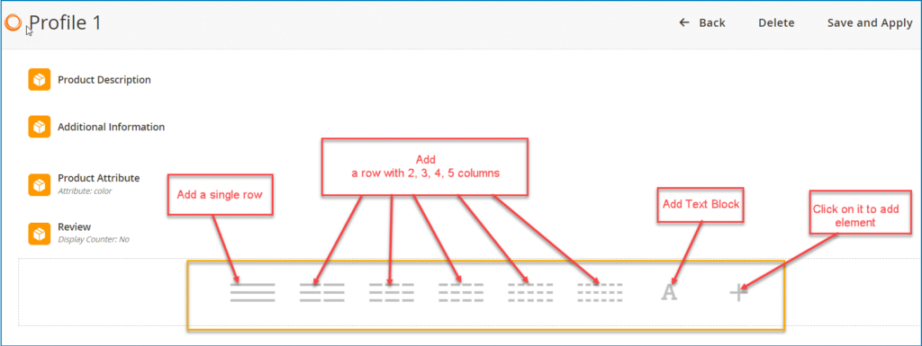 Quickly create a row with multiple columns  in Magento 2 product page pdf builder