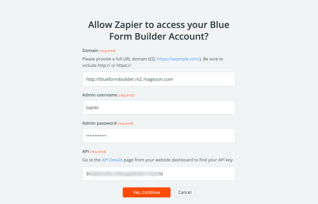 Connect Zapier and Blue Form Builder account