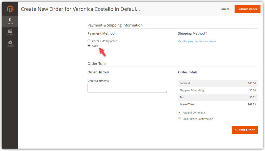 Admin payment method in the order's payment method section