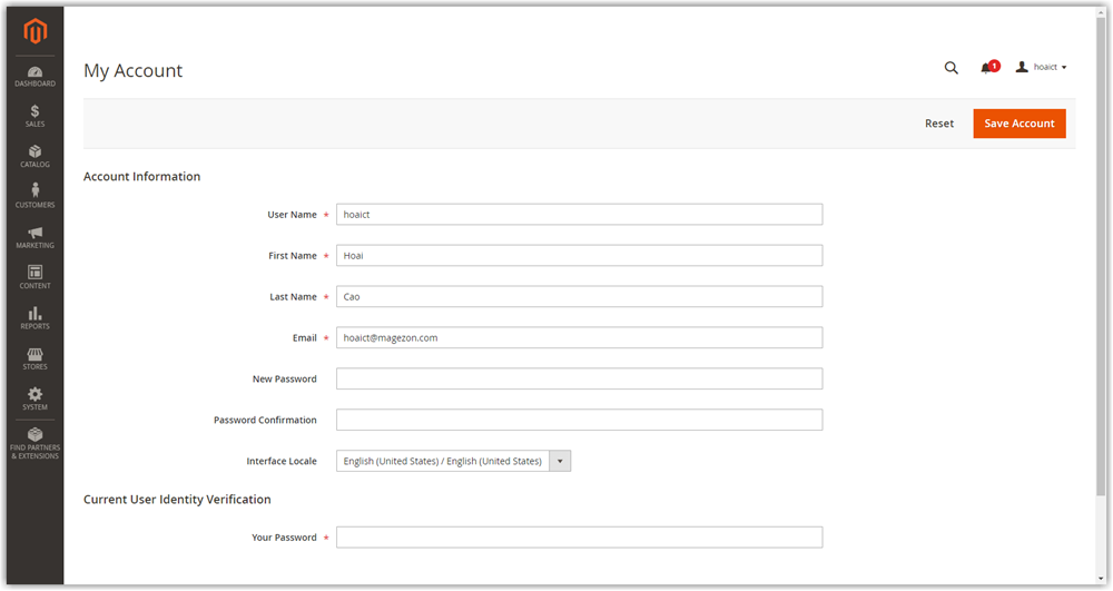 Magento admin account information