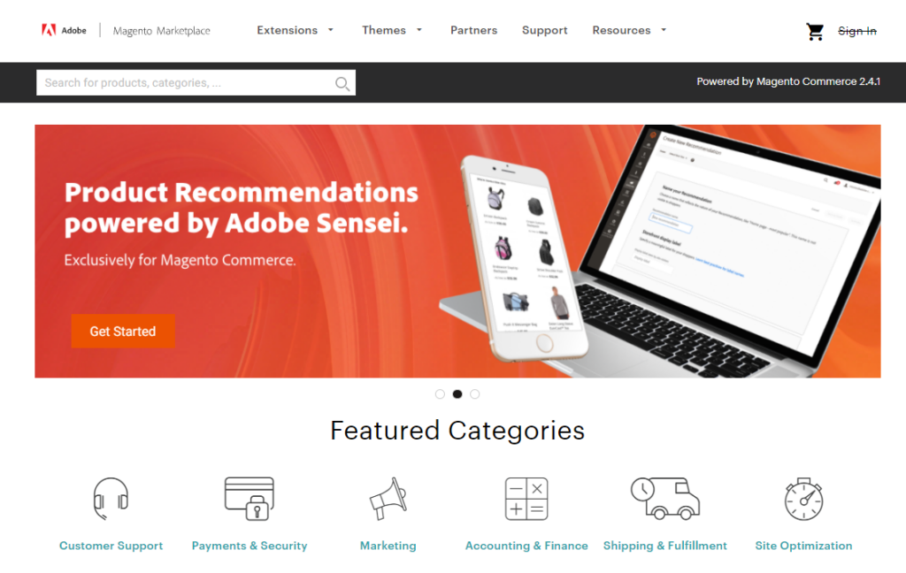 Homepage of Magento Marketplace