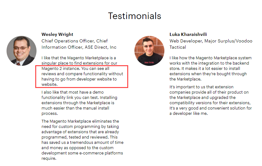 Testimonials on Magento Marketplace