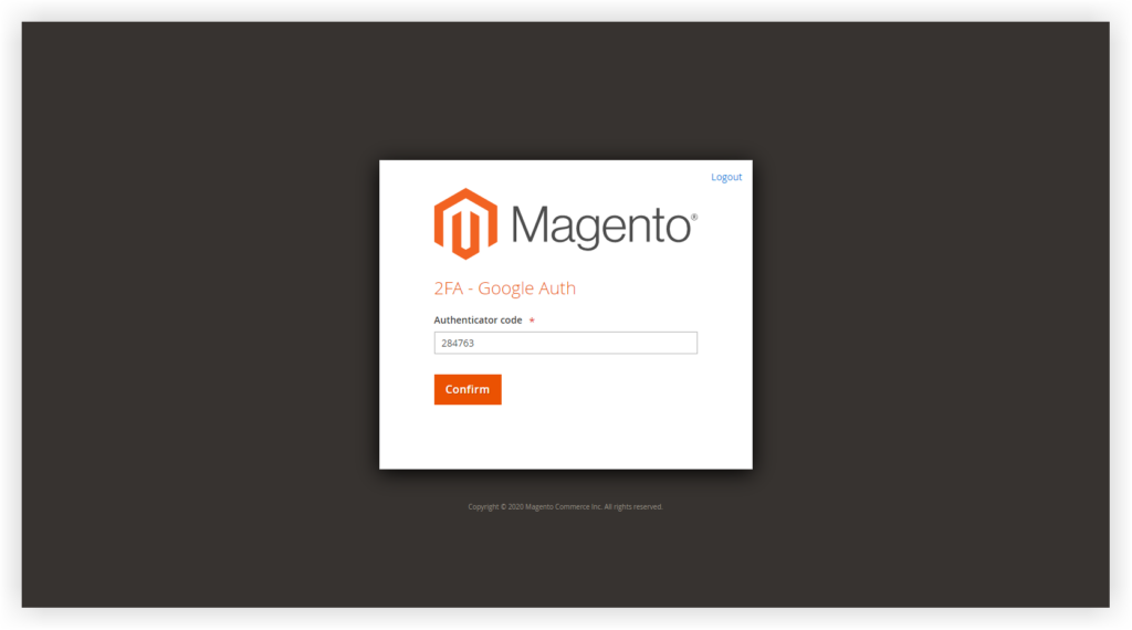 Magento 2FA security screen