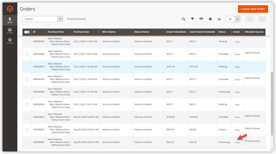 choose an order in processing status and click View 