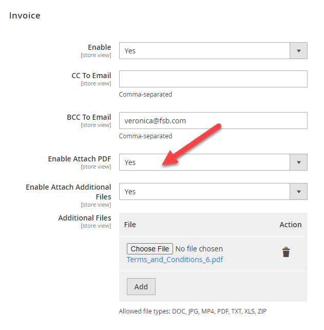 Choose Yes in Enable and Enable Attach PDF to auto-attach PDF to transactional email