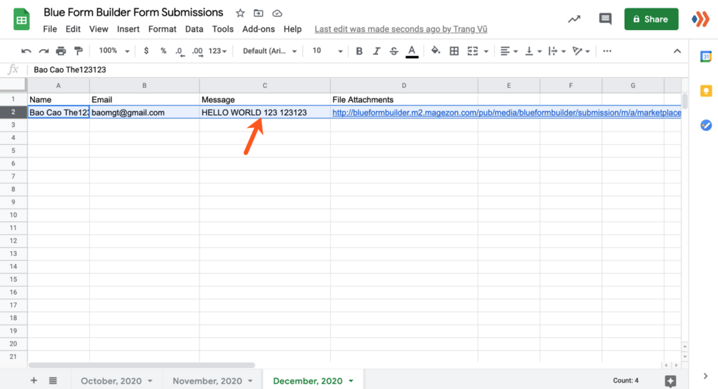 A new spreadsheet row created after testing