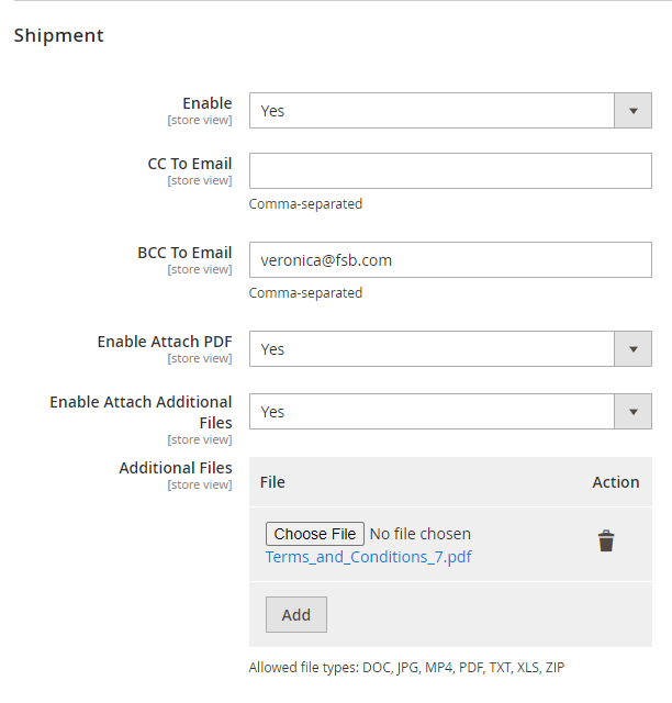 shipment settings transactional email attachment