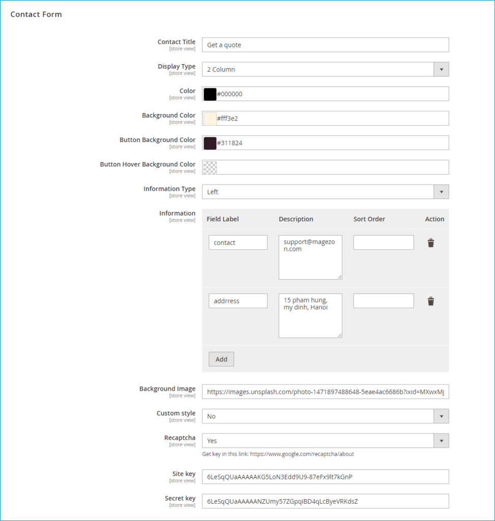 configure contact form to collect customer information