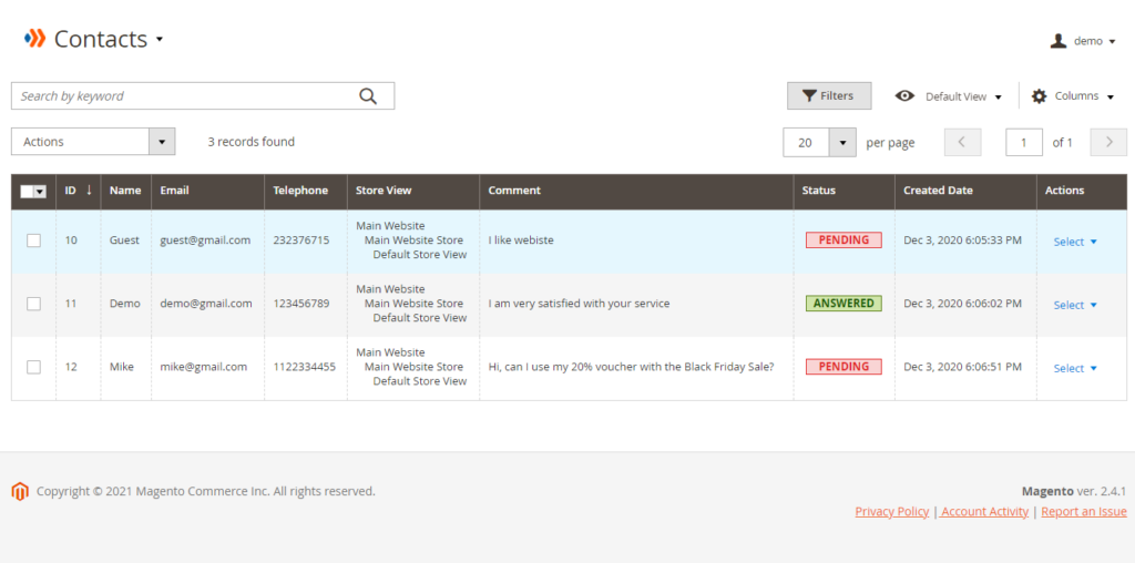 Contacts table where form data is saved