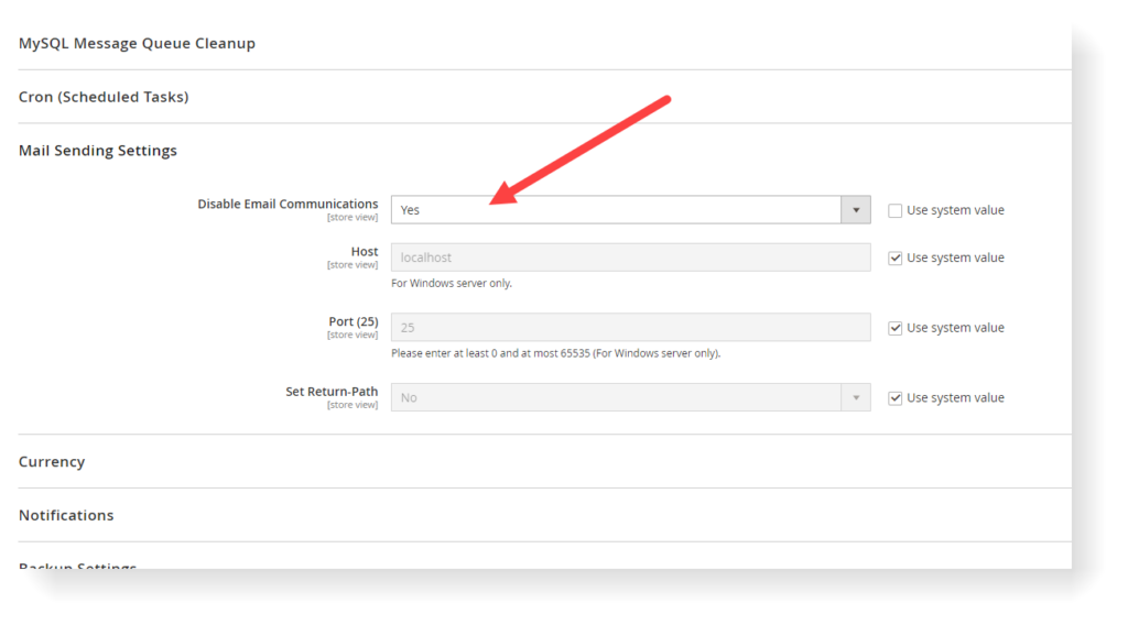 Magento 2 disable email communications, Step 5: In the Disable Email Communications filed, choose Yes