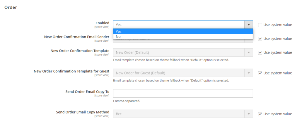 Step 3: Choose Yes in the Enabled drop-down to enable Order email.