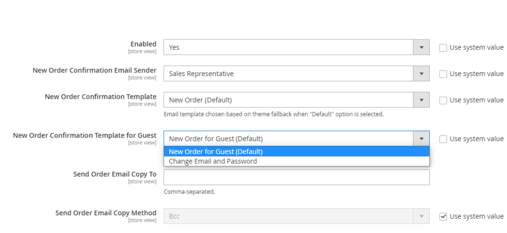 Step 6: Choose an email template from New Order Confirmation Template for Guest drop-down.