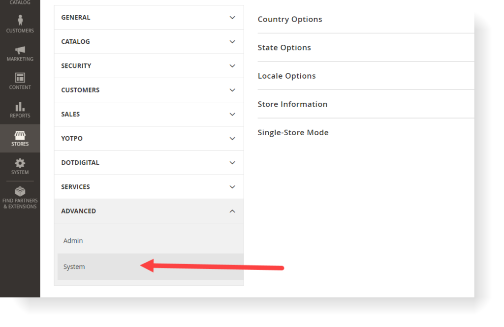 Magento 2 disable email communications, Step 3: Under the Advanced Tab, choose System 