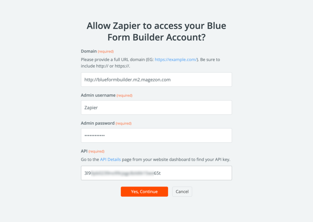 Allow Zapier to access Blue Form Builder account